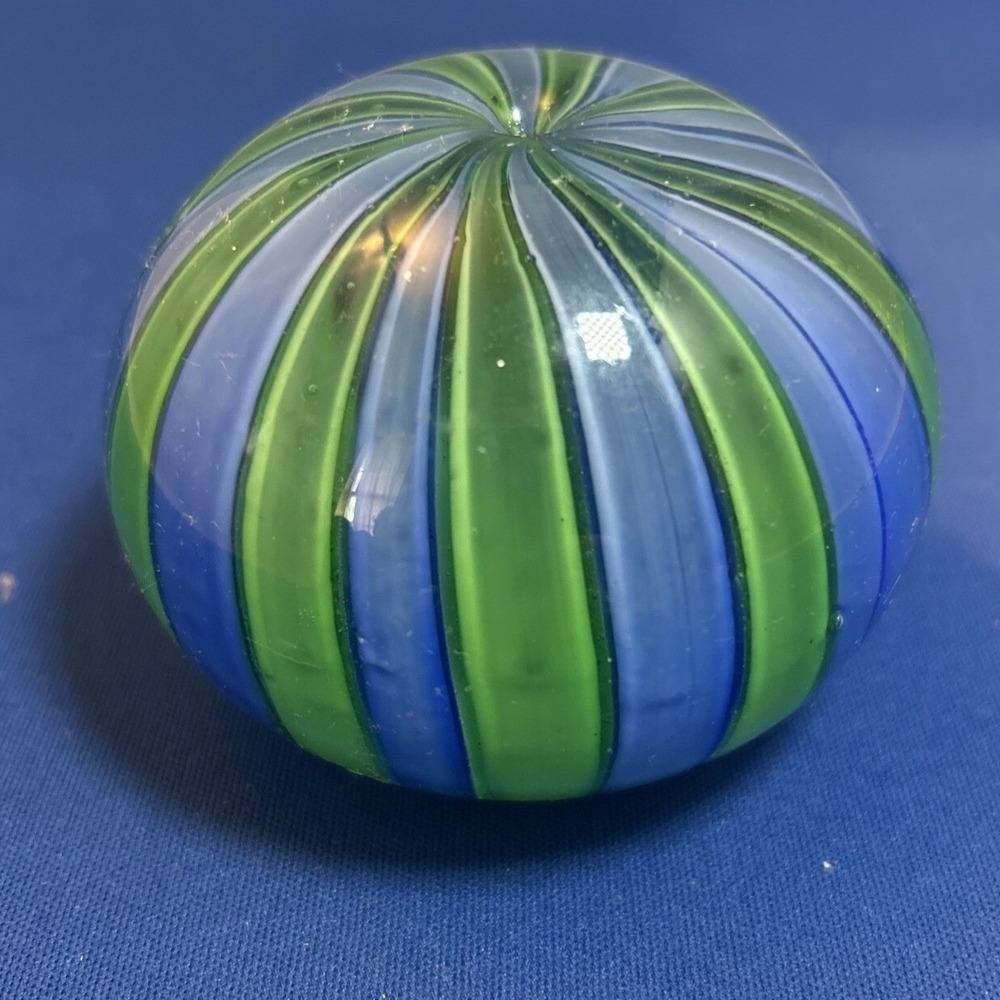 Vintage Hand Blown Art Glass Paperweight Blue Green Ribbon Swirl 3.5" Studio